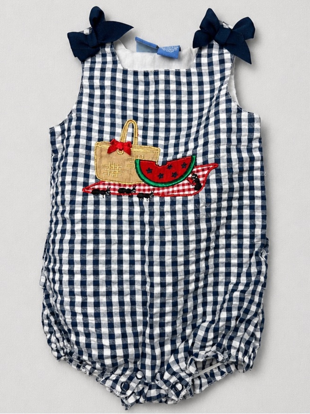 Kid Crew navy gingham Searsucker bubble romper with picnic appliqué 12 months